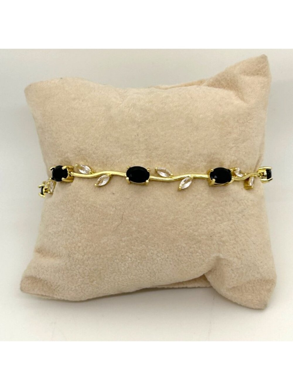 Gold Tone Black Stone Tulip Vine Tennis Bracelet Oval Stone Clear Dainty Leaf